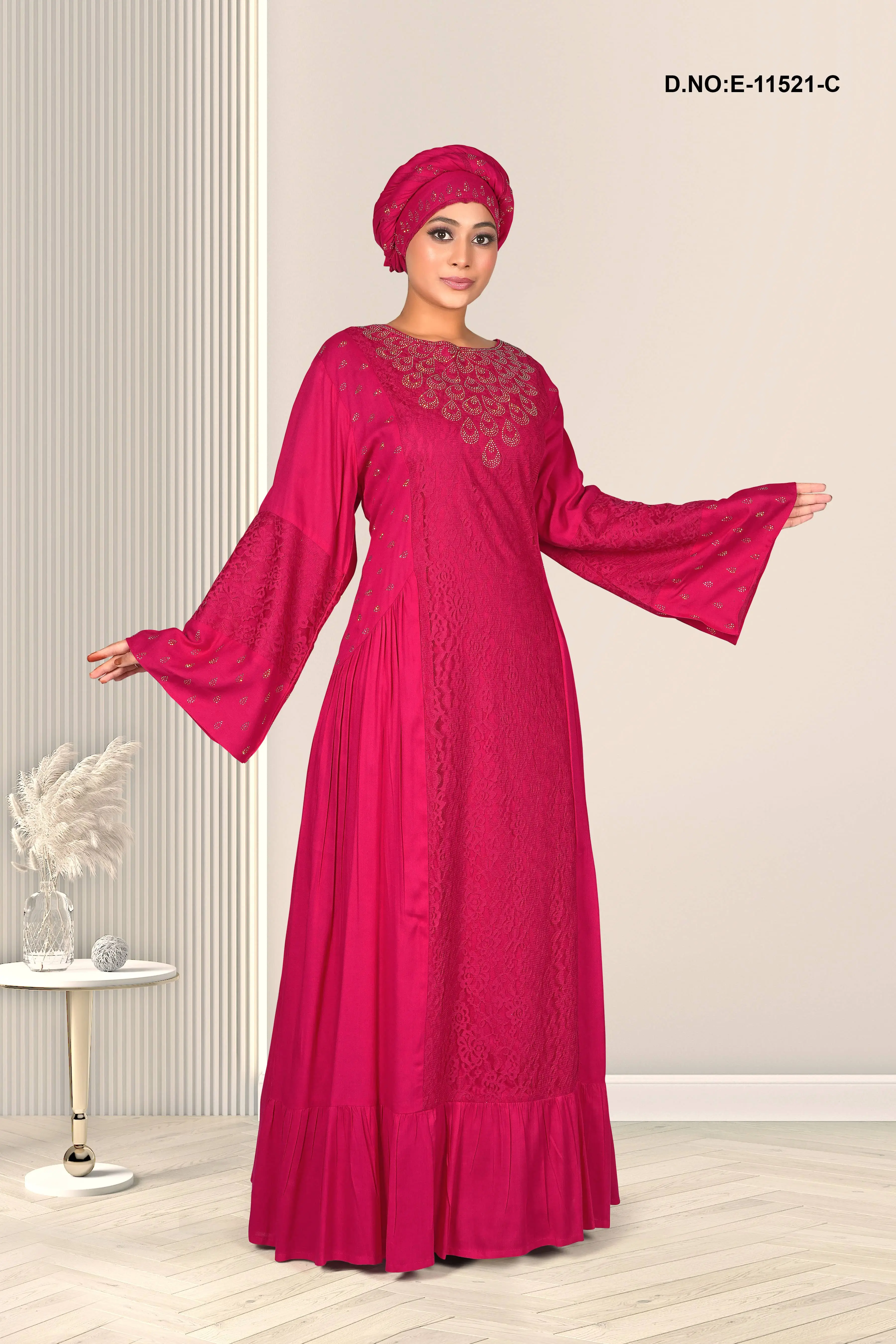 Ruby Pink Embroidered Flared Abaya